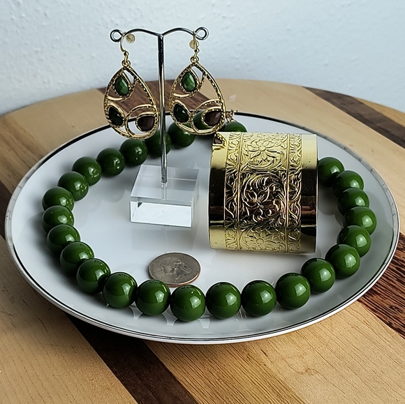 Jewelry Dish Saucer Bundle of 4 Green Gold Tone - Picture 1 of 7